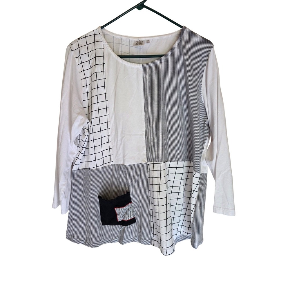 Parsley & Sage Womens XL Patchwork Stripe Art Deco Top Mixed Pattern White
